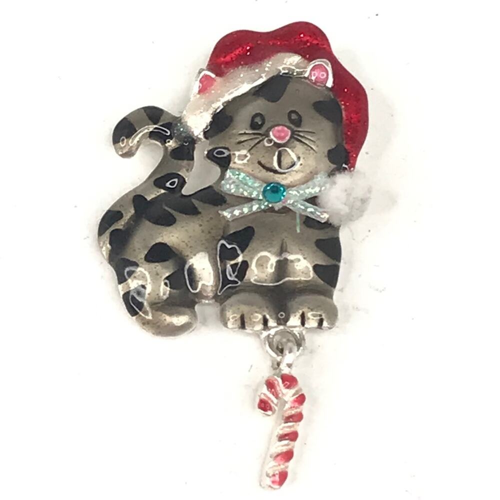 AJMC Cat with Santa Hat Brooch, Pin, Gray